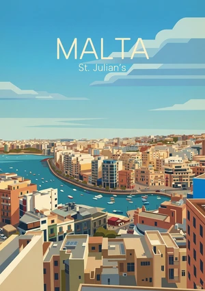 Modern vintage illustration of St. Julian’s bay, Malta